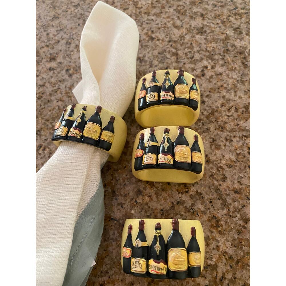 Rare wine bottle napkin rings resin set of 4